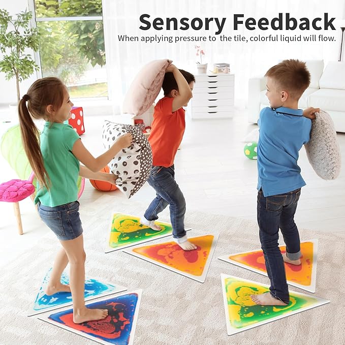 Art3d 4-Pack Triangle Liquid Sensory Floor Tiles, Colorful Liquid Fusion Play Mats for Kids Toddler, 15" x 15"