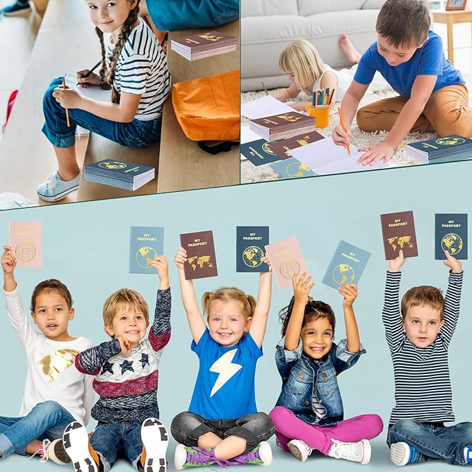 Lincia 48 Pcs Blank Passport Notebook Fake Passport Book Travel Journal Book Bulk Coloring Kids Travel Airplane Activity Classroom Decor School Projects(Cold Color)