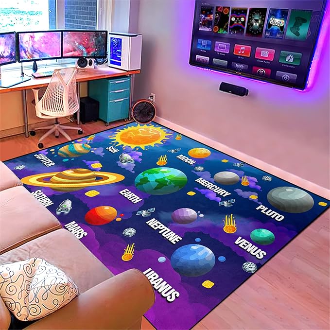 Universe Planet Area Rugs Outer Space Rugs for Boys Bedroom Educational Sofa Floor Mat Galaxy Solar System Theme Throw Rugs for Indoor Outdoor Carpets Crystal Polyester Mats Oversized, 5'×7'