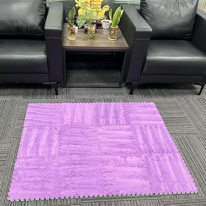 Interlocking Carpet Shaggy Soft EVA Foam Mats Fluffy Area Rugs Protective Floor Tiles Exercise Play Mat for Children Kids Room Home Parlor Bedroom (12 Pcs, Purple)