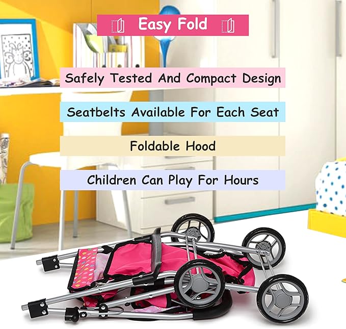 Toy Doll Stroller - Pretend Play Doll Stroller for Dolls - Toy Stroller with Storage Basket for Doll Accessories Set - Polka Dot Design Stroller Toy for Kids