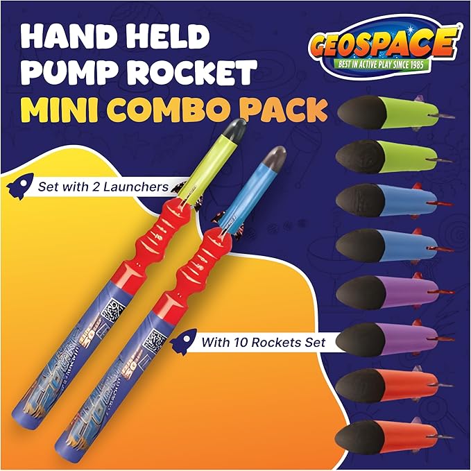 Geospace Hand Held Pump Rocket Combo Battle Pack – Flying Foam Rockets Outdoor Toys for Kids, Boys & Girls – 19" Set with 2 Launchers & 10 Rockets Set – Hand Stomper Rocket Toy - Cool Toys for Fun