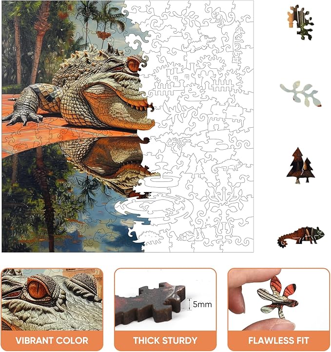 Wooden Puzzles for Adults, Outdoor Alligator Jigsaw Puzzles 200 Pieces, 11.2x11.2in, Unique Shaped Cool Reptile Animal Wood Adult Puzzle, Best Gifts for Adults and Kids Family Game