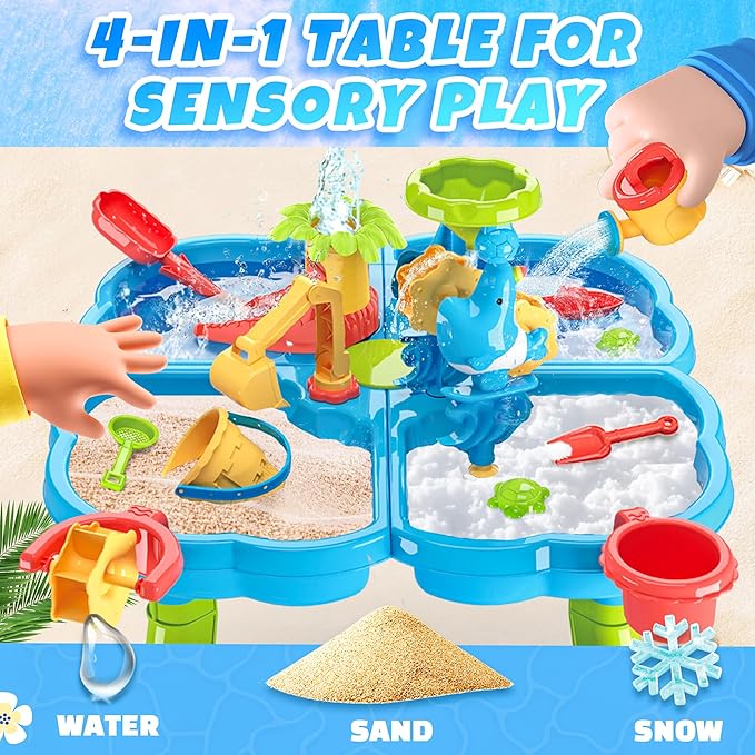 BELLOCHIDDO Water Table for Toddlers 1-3 - 4 in 1 Kids Play Water and Sand Outdoor Activity Sensory Playset with 12 Pcs Toys - Summer Beach Pool Backyard Garden Gifts for Boys Girls 1.5+ Years Old