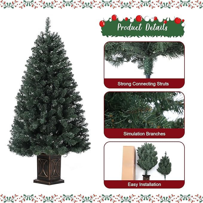 4.5 ft Green Christmas Tree, Pre-Lit Artificial Potted Xmas Tree with 300 Led Lights, 8 Lighting Modes, Antique Urn Base Design, Dense Branch Realistic Home Party Decoration w/Easy Assembly,2 PCS