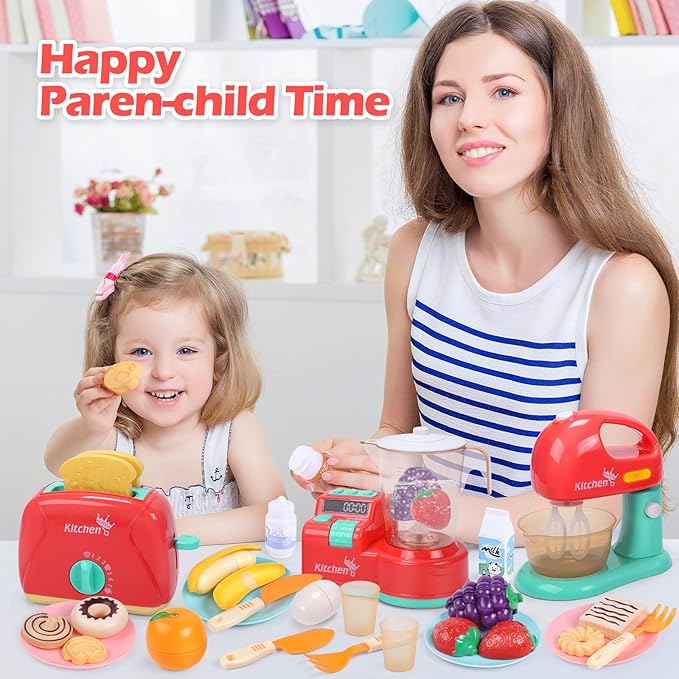 CUTE STONE Toy Appliances Playset, Kids Mixer and Blender with Sound & Lights, Toaster, Cutting Play Food, Toddler Kitchen Accessories Set for Boys & Girls