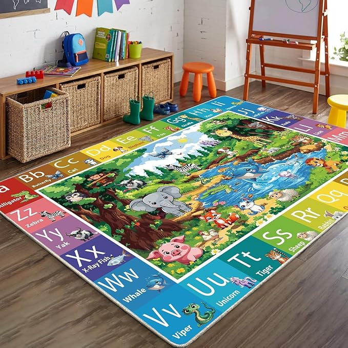 ABC Rug for Kids Room, ABC Baby Mats for Floor Toddlers, Non Silp Alphabet Play Mat Elementary Preschool Kid's Rugs with Animal Illustrations - (59X39.4 Inches)