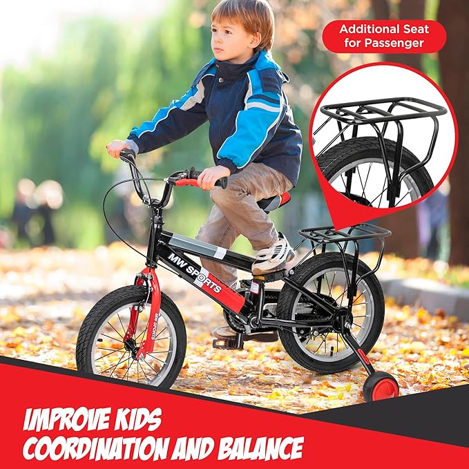 Slippery Racer MW Sports 16 inch Kids Bike with Removable Training Wheels, Hand Brakes and Back Relay Rack for Ages 4-6 Years.