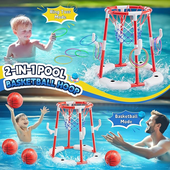 Pool Basketball Hoop, Floating Game with 6 Balls & Pump, Kids Pool Toys for Outdoor Summer Fun, Adjustable Height for Ages 4-8-12, Family Swimming Pool Accessory(red)