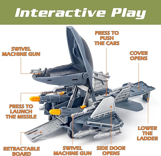 Military Fighter Jet Toys, Army Airplane Toys with 7 Vehicles Trucks Helicopter Army Men, Decorate & Launch The Missile, Birthday for Boys Girls