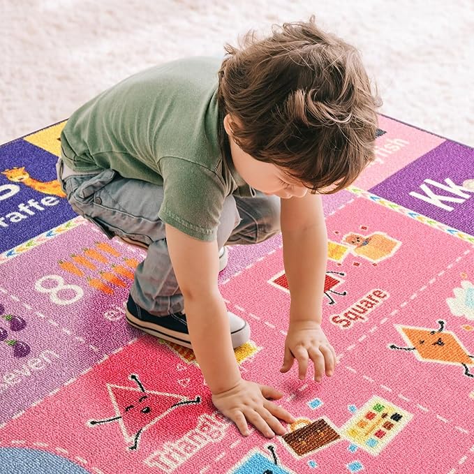 ABC Kids Rug for Playroom, 3x5 Pink Purple Washable Classroom Area Rugs, Toddler Educational Play Mat with Alphabet Numbers Seasons Shapes, Learning Fun for Preschool Children