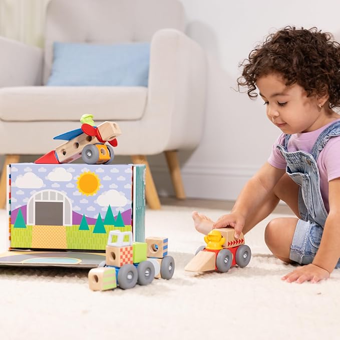 Melissa & Doug Blockables™ Vehicles Snap and Play, Mix and Match Connectable Wooden Building Blocks Play Set Toy for Preschool Boys and Girls (54 Pcs)