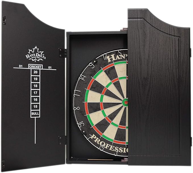 HAN'S DELTA Professional Bristle Dartboard Cabinet Set, Metal Corner Reinforcement, Regulation Steel Tip Dartboard, Includes 6 Steel Tip Darts and Scoreboards (Black)