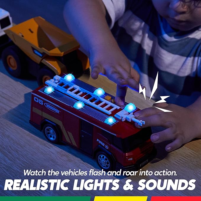 3-Pack Utility Trucks Toy Set – Friction Powered Garbage Truck, Fire and Construction Vehicle with Lights and Sounds – Educational Gift for Boys, Ideal for Kids Toddler