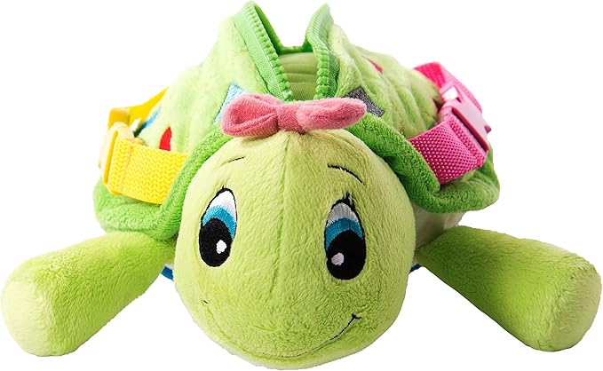 Buckle Toys Belle Turtle Stuffed Animal Montessori Toys for Toddlers 1-3 Sensory Toys to Develop Fine Motor Skills and Learn Shapes and Colors, Travel Essentials for Kids, Includes Storage Pocket