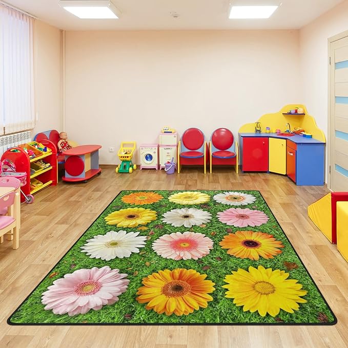 Classroom Carpets, Green Grass & Flowers Kids Playmat Rugs - 5x7 Ft Kids Carpet with Rubber Backing, Seats-12 Floral Classroom Seating Rug Play Mat Nursery Rugs for Children Bedroom School Elementary