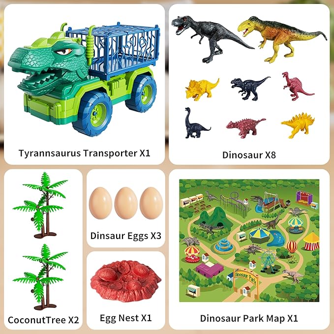 TEMI Dinosaur Truck Toys for Kids 3-5 Years, Tyrannosaurus Transport Car Carrier Truck with 8 Dinosaur Figures, Activity Play Mat, Dinosaur Eggs, Trees, Capture Jurassic Play Set for Boys and Girls