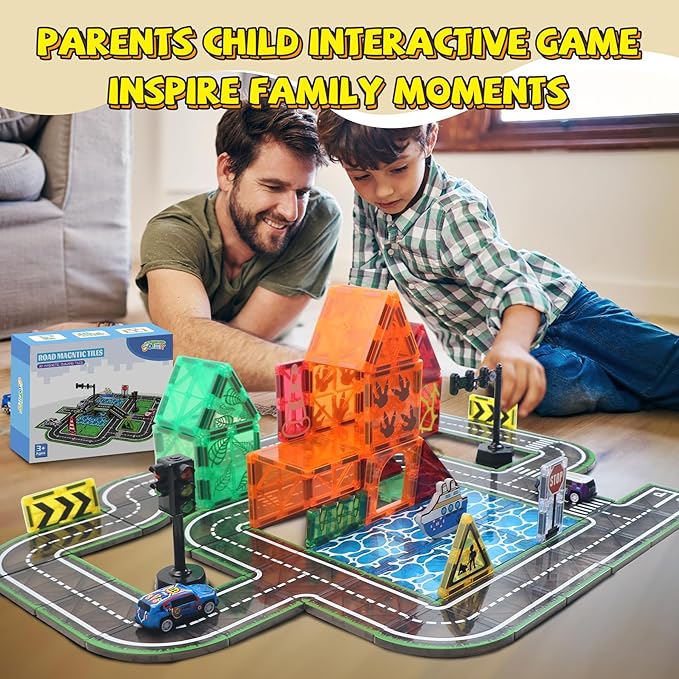 Magnetic Tiles Road Set with Pullback Car & Magnet Ship,Traffic Themed Magnetic Building Tiles Set with Traffic Light,STEM Magnet Tile for Kids Ages 3-5 4-8 5-7,Preschool Educational Kids Toys Gift
