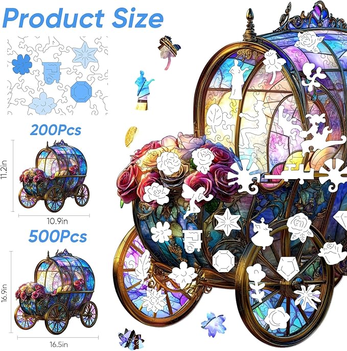 Wooden Puzzles, Pumpkin Carriage Jigsaw Puzzles 200 Pieces, 5MM Thick Unique Shaped Flower Brain Teaser Puzzles Birthday Gifts for Kids Family Game 10.9 * 11.2inch