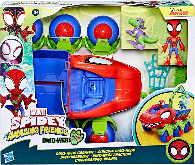 Spidey and his Amazing Friends Marvel Dino-Webs Crawler Toy Car Playset, Spider-Man & Goblin Raptor 4-Inch Action Figures, Kids Ages 3 & Up