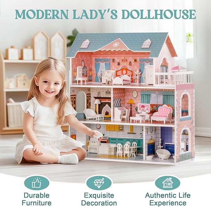 ROBUD Wooden Dollhouse for Kids Girls, Toy Gift for 3 4 5 6 Years Old, with Furniture