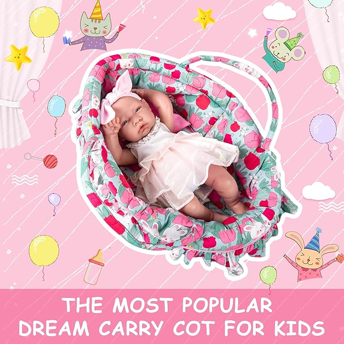Doll Carry Cot Set, Soft Doll Carrier Basket Bassinet Includes 1 Cot and 1 Pillow, Rose Rabbit Doll Bassinet, Fits for 18-inch American Girl Dolls