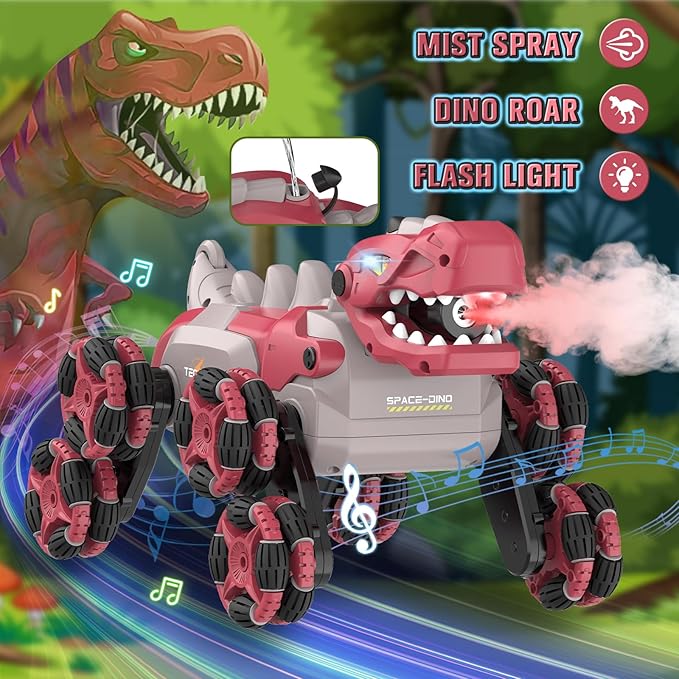 Dinosaur Remote Control Car - 8WD RC Toys for 4 5 6 7 8 Year Old Boys, 2.4Ghz RC Transform Stunt Monster Car with 360°Rotating/Spray/Roar, Birthday Xmas Gifts for Kids Age 4-6 5-7 8-12