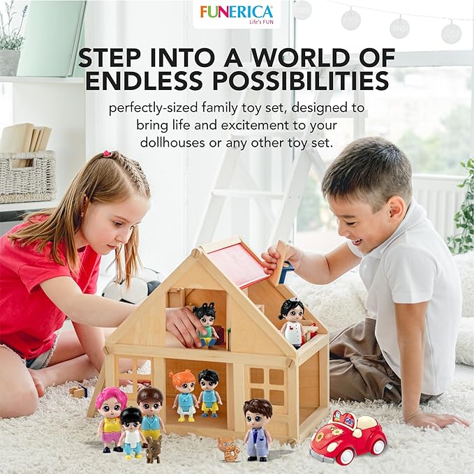 FUNERICA Dollhouse People Figures Playset - Dollhouse Family Little Play Figurines Doll House Accessories Toys -(Family Figures with Car, Pets, Doctor & Nurse)