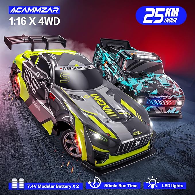 ACAMMZAR 1:16 RC Drift Car, 25KM/H 4WD High Speed Remote Control Cars for Kids, with LED Lights, Two Batteries, Extra Tires, Drift RC Cars for Adults
