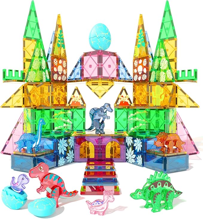 Dinosaur Toys Magnetic Tiles Set - 2 Eggs, 2 Baby Dinos & 5 Large Dinosaurs for Kids 3-5, 105pcs Magnetic Building Blocks for Toddlers 1-3 4-8,Magnet Tiles Educational Toy for Boys Girls