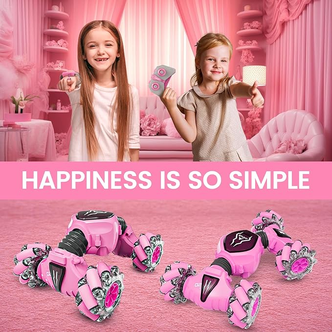 Tecnock Remote Control Car RC Cars for Girls, 2.4GHz 4WD Gesture Sensing RC Stunt Car Toys - 360° Rotating Double Sided Hand Controlled RC Car with Lights, Gifts for Kids, Pink