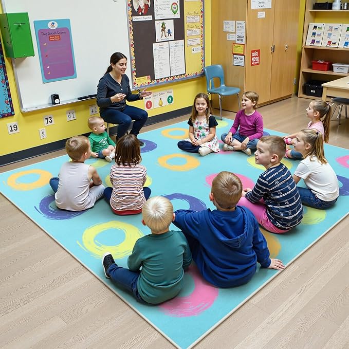 STARUIA Big Educational Area Rug Classroom Rugs for Elementary, 7.5x13 Abstract Blue Rug with Colorful Handpainted Circles, Stain-Resistant High-Traffic Kids Carpet for Playroom Home Learning