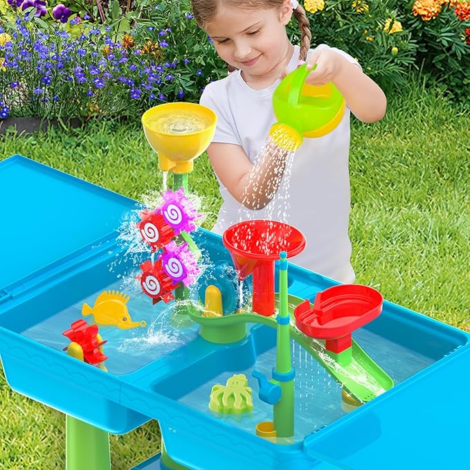 deAO Water Table for Toddlers 3-5, Kids Play Water 2 in 1 Sand and Water Table with 2 Fishing Pool Toys, Summer Outdoor Pool Backyard Toys,Birthday Party Gifts for Boys Girls(Blue)