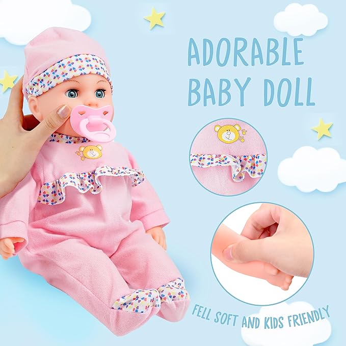 SMILESSKIDDO Interactive Baby Doll Pink - 16 Inch Crying Talking Feeding Dolls with Different Sounds and Accessories, Pretend Play Preschool Toys for 2 3 4 5+ Year Old Girls Boys Gift
