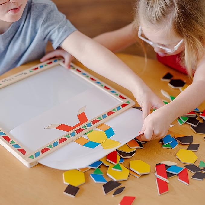 Melissa & Doug Deluxe Wooden Magnetic Pattern Blocks Set - Educational Toy With 120 Magnets and Carrying Case, Multi-color, 1 EA