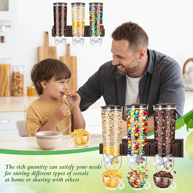 Nitial 2 Pieces Cereal Dispenser Wall Mounted 4.5L Triple Candy Machine Grain Dispenser with Cup Triple Dry Food Snack Wall Mount Cereal Storage Container for Kitchen Food Store Coffee Beans Store
