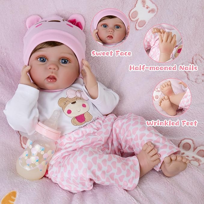 Lifelike Reborn Baby Dolls 22-Inch Realistic Newborn Baby Dolls That Look Real Cloth Body Real Life Baby Doll Girls with Clothes and Toy Accessories Gift Set for Kids Age 3+