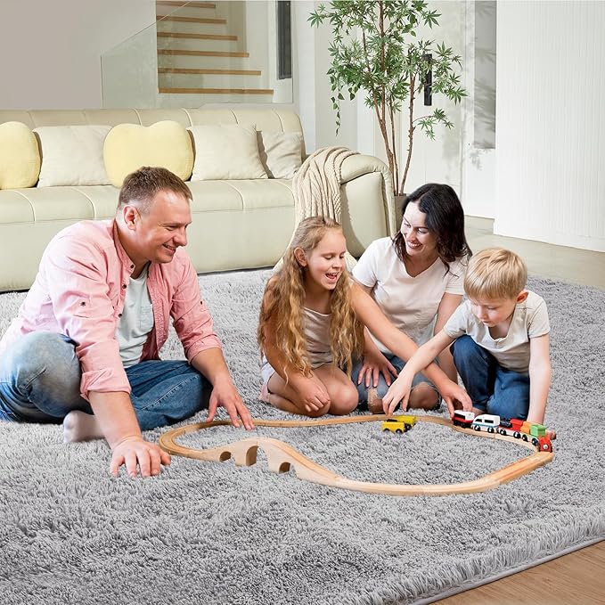 Ultra Soft Rug for Living Room, 9X12 Fluffy Shag Area Rug for Bedroom, Modern Shaggy Carpets Fuzzy Rug for Teens Dorm Nursery Home Decor Aesthetic, Upgrade Anti-Skid Durable, Light Grey
