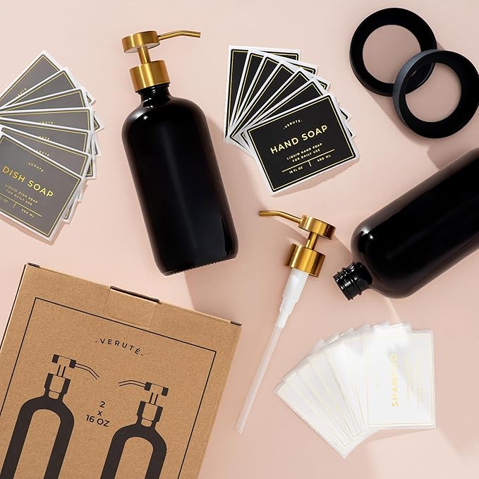 16oz Glass Soap Dispenser with Stainless Steel Pump, 21 Waterproof Labels, Non-Slip Protective Silicone Pad, Set of 2 for Bathroom & Kitchen (Gloss Black Bottle/Brushed Gold Pump)