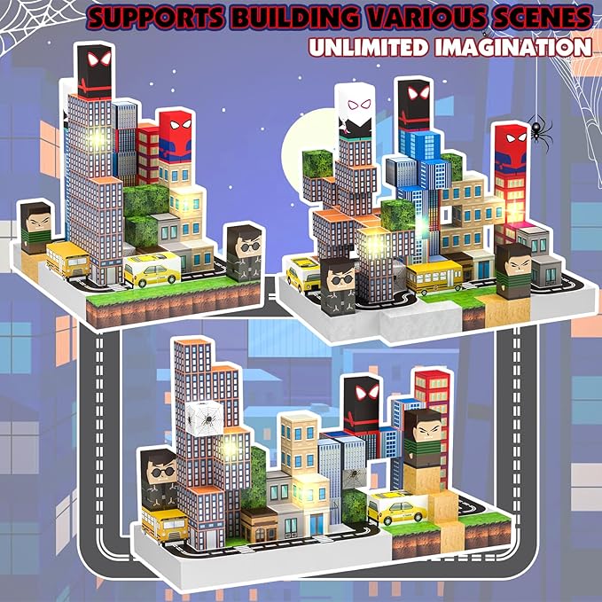 Magnetic Blocks Building Toys Set, Spider Toys Light Up Magnetic Building Blocks for Boys Girls Ages 3+, Magnet Cubes STEM Sensory Construction Toy City Themes
