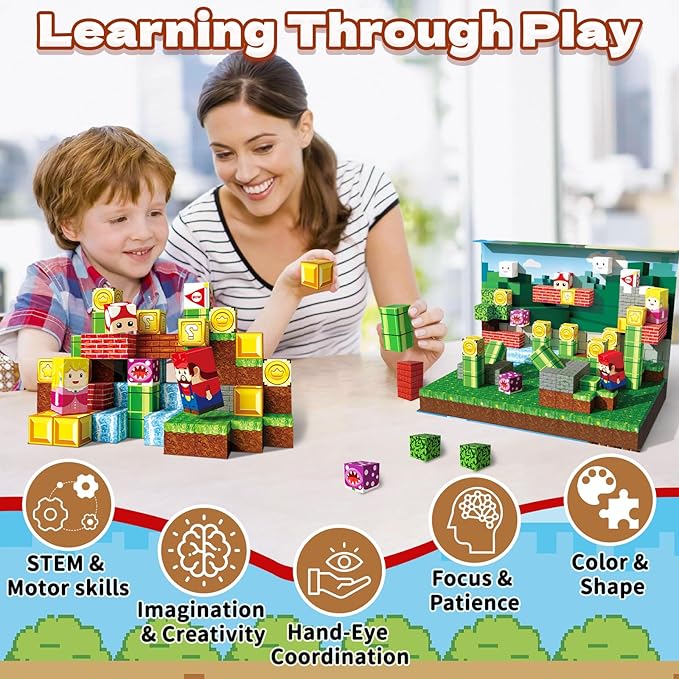 Magnetic Blocks 100PCS Magnetic Building Cubes with Multi-Functional Magnet Box Travel Set STEM Sensory Construction Toys for Boys & Girls Ages 3-5 5-7 8-12 Birthday Gifts (Brave Adventurer)