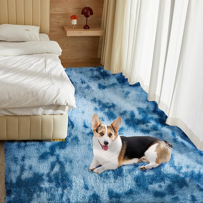 Ultra Soft Rug for Living Room, 8X10 Fluffy Shag Area Rug for Bedroom, Modern Shaggy Carpets Fuzzy Rug for Teens Dorm Nursery Home Decor Aesthetic, Upgrade Anti-Skid Durable, Tie-Dyed Blue Grey
