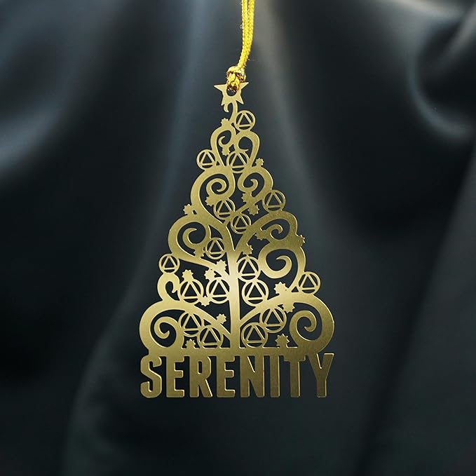 AA Serenity Tree Sobriety Christmas Ornament | Alcoholics Anonymous Sober Recovery Gift | Stamped Brass