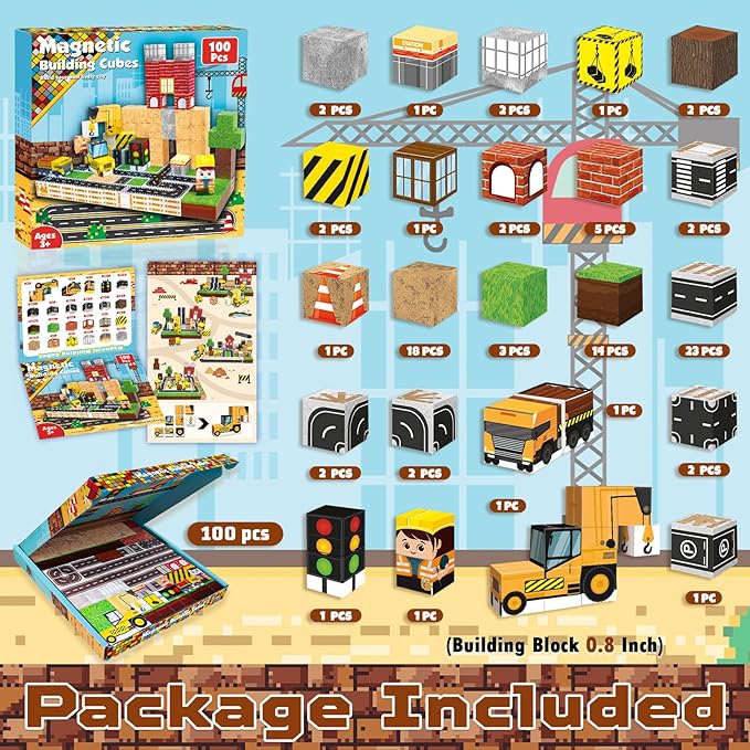 Magnetic Blocks - 100PCS Magnetic Building Blocks Magnet Cubes Stacking Construction Set, STEM Montessori Sensory Toys for Kids Boys Girls Ages 3-5 6-8 Holiday Easter Birthday Gifts