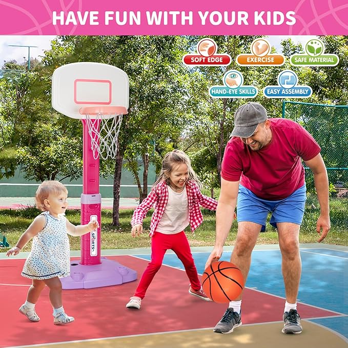 Toddler Basketball Hoop Indoor for Age 1-3, Adjustable Kids Basketball Hoop, Pink Mini Basketball Hoop with 3 Balls for Outdoor Poolside, Birthday Christmas Sport Toys Gift for Baby Boys Girls 1 2 3 4