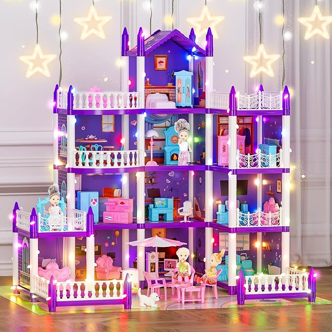 4 Stories Dollhouse for Girls, DIY Doll House Accessories Playhouse with Furniture and 11 Rooms, Pretend Play House with Lights for Kids, Portable Building Dolls Playset Toys Kit Gift for Ages 6+