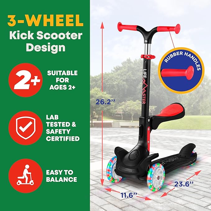 Kids Scooter – Foldable Seat – LED Wheel Lights Illuminate When Rolling – Children and Toddler 3 Wheel Kick Scooter – Adjustable Handlebar – Indoor and Outdoor- by Lifemaster