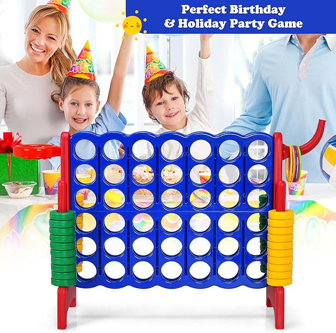 Costzon Giant 4-in-A-Row, Jumbo 4-to-Score Giant Game w/Basketball Hoop, Ring Toss, Quick-Release Slider, 42 Jumbo Rings, Indoor Outdoor Family Connect Game for Kids & Adults, Backyard Games, Red