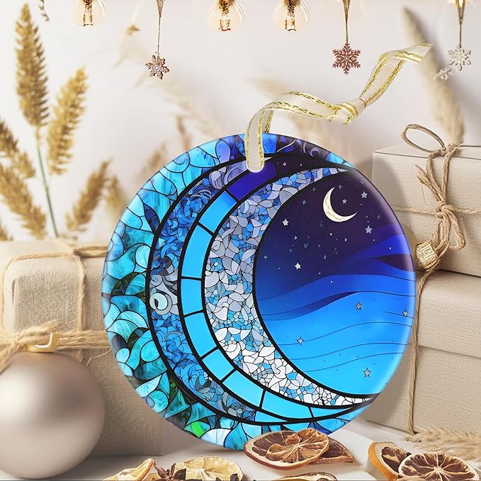 3.5 Inch Ceramic Christmas Tree Ornament, Blue Moonlight Christmas Ornaments, Heirloom Keepsake, Gift Exchange, Gift Idea, Bauble Present