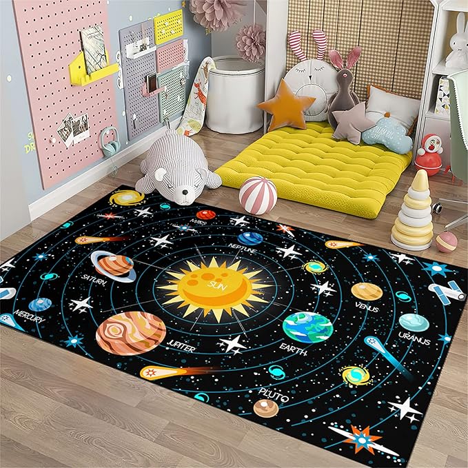Universe Planet Area Rugs Outer Space Rugs for Boys Bedroom Educational Sofa Floor Mat Galaxy Solar System Theme Throw Rugs for Indoor Outdoor Carpets Crystal Polyester Mats Oversized, 5'×7'